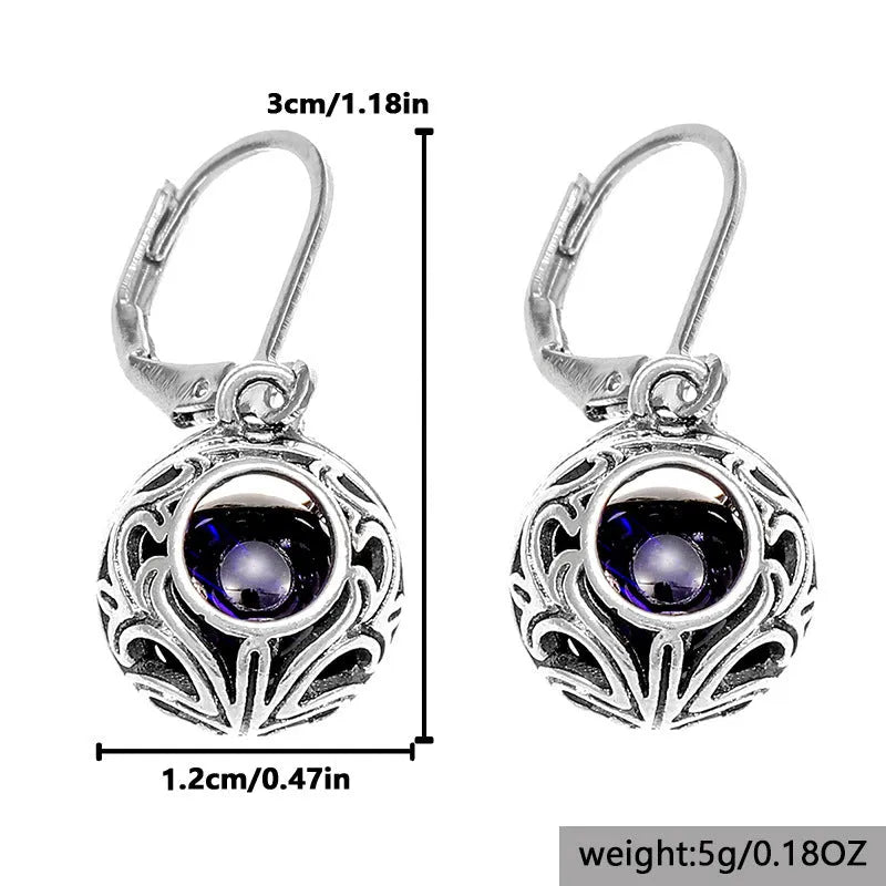 Vintage engraving hollow blue gemstone pendant earrings in silver-tone zinc alloy for women