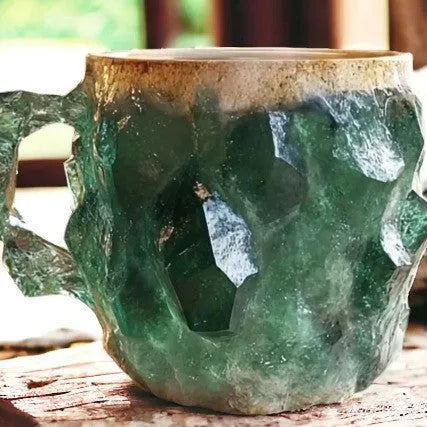 Purple resin coffee mug with 3D crystal texture and a handle on a wooden table.