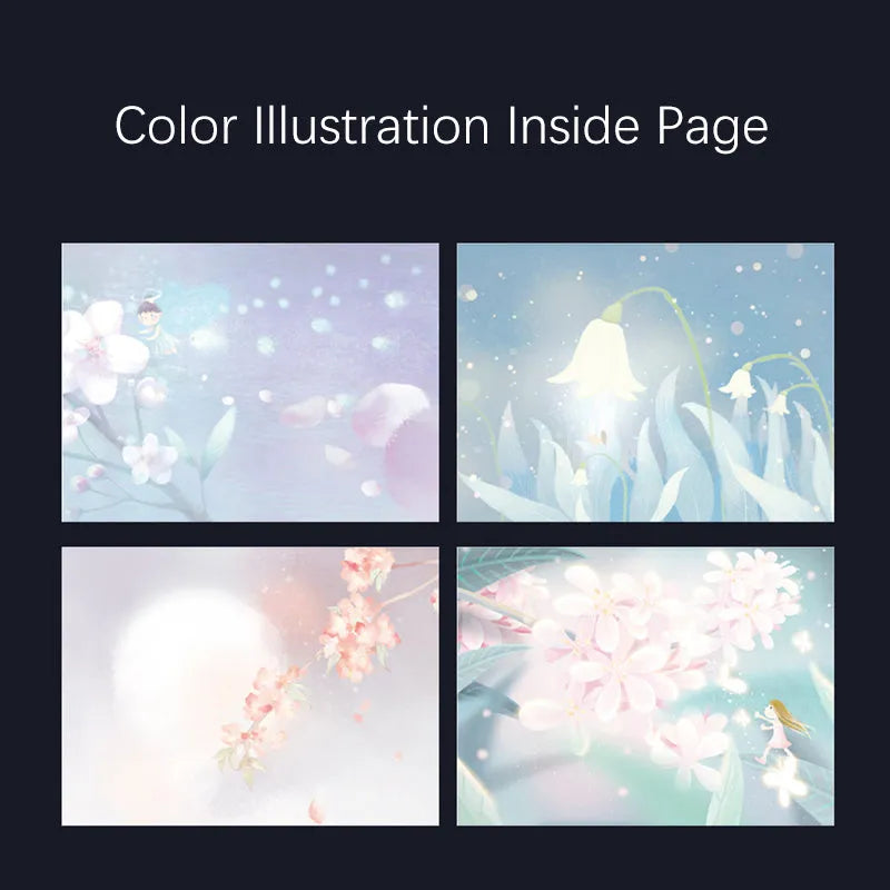 A5 notebook with luminous colourful illustration cover shown in deep blue, gold, light blue, and purple colour options.