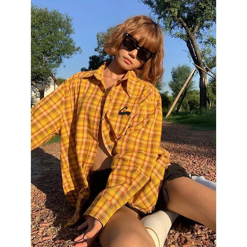 Dopamine yellow plaid shirt in loose cardigan style for men and women