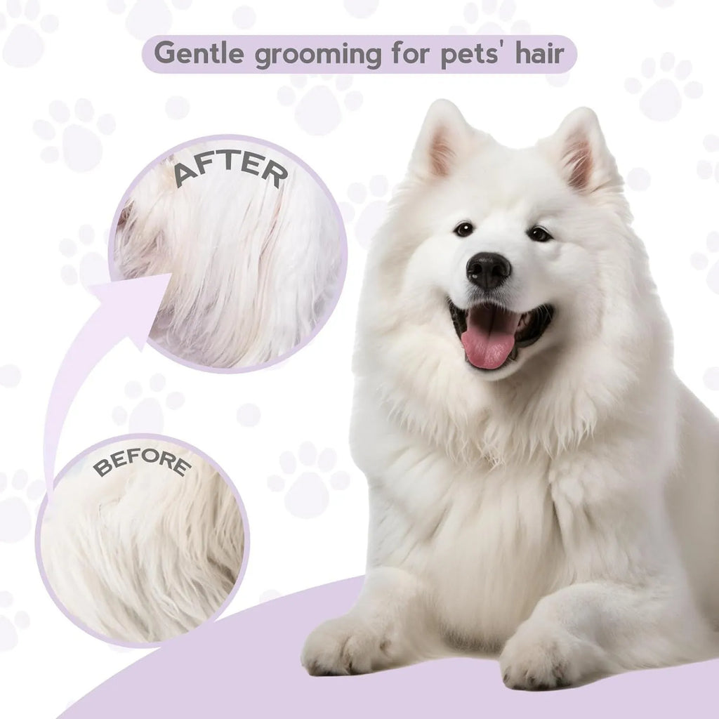 Purple pet grooming comb with stainless steel teeth for detangling cat and dog fur