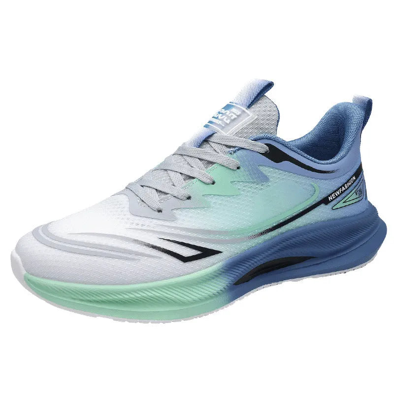 Men's low-top casual trainer in grey-green with woven mesh upper and round toe on a rubber sole.