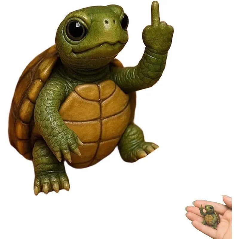 Mini resin animal doll making a vertical middle finger gesture, available in cat, dog, elephant, frog, mouse, turtle, and highland cattle designs.