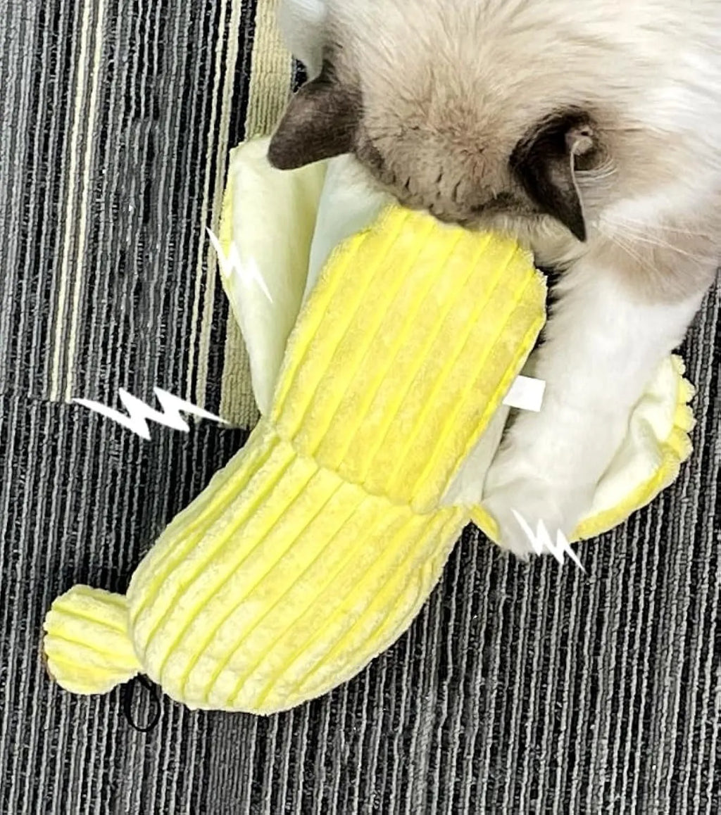Yellow banana-shaped cat crinkle toy with plush fabric and visible texture details