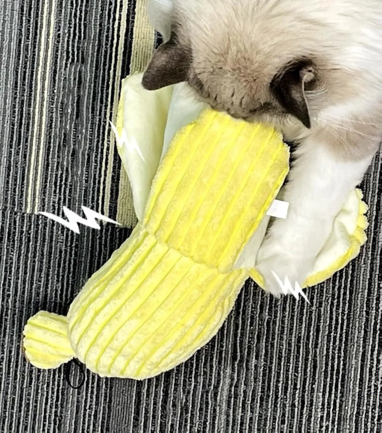 Yellow banana-shaped cat crinkle toy with plush fabric and visible texture details