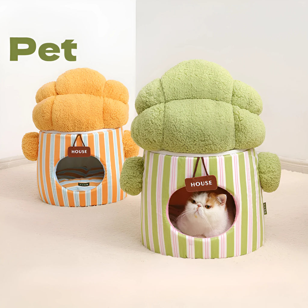 Creative cauliflower tree hole enclosed small dog house and cat house in green plush material
