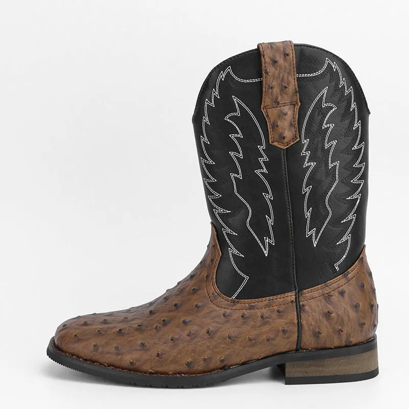 Men's retro western denim square toe motorcycle boots with embroidery, low wedge heel, black colour