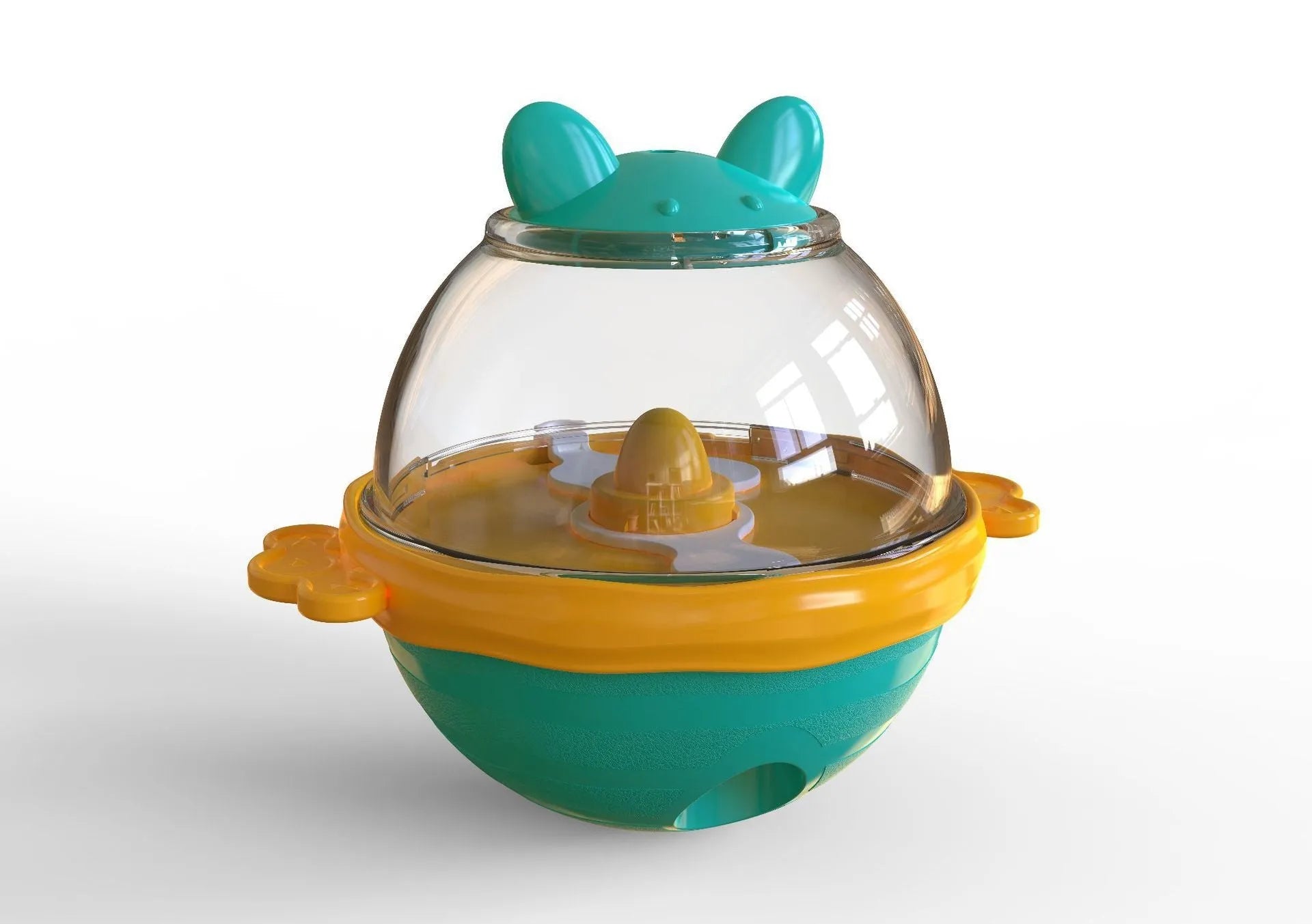 Yellow TPR dog tumbler food feeder toy on a light background, 11.2 cm high
