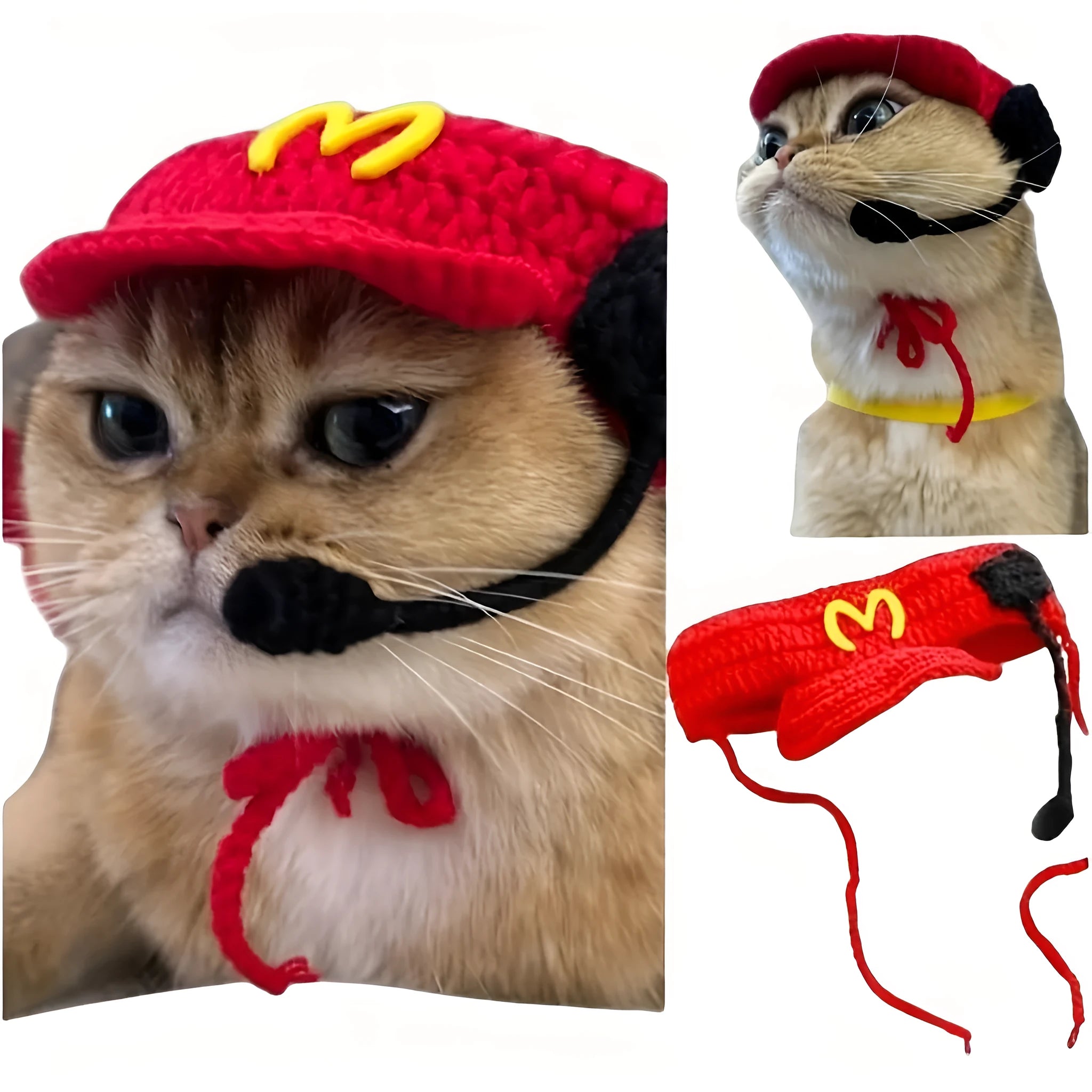Handmade cotton chef hat and knitted sweater outfit for a small cat wearing a birthday costume