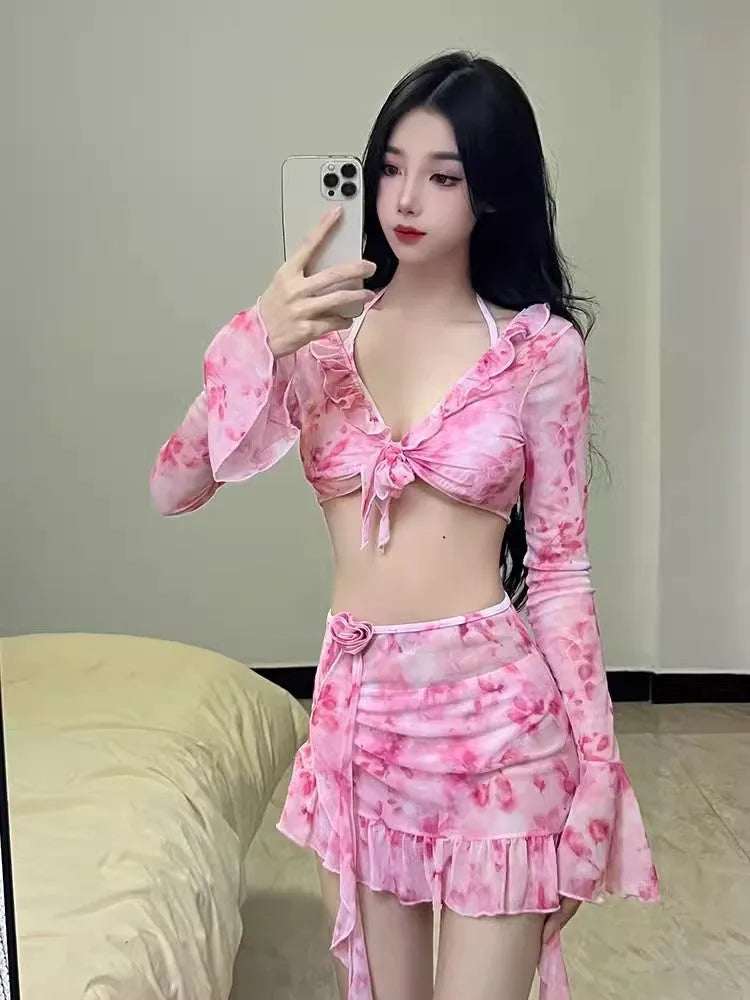 Women's floral bikini swimsuit in cherry blossom pink colour with Asian sizing options