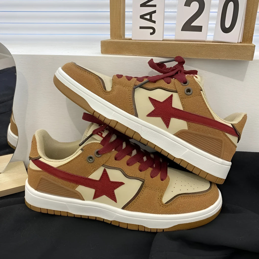 Brown PU low-top platform sneakers with sequins, round toe, and rubber sole for women