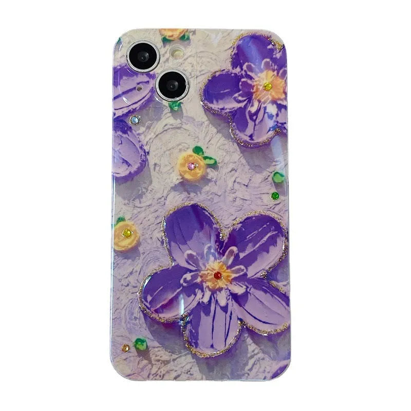 Soft rubber phone case with oil painting flower pattern, blue light, and inlaid diamond drop glue in yellow for iPhone