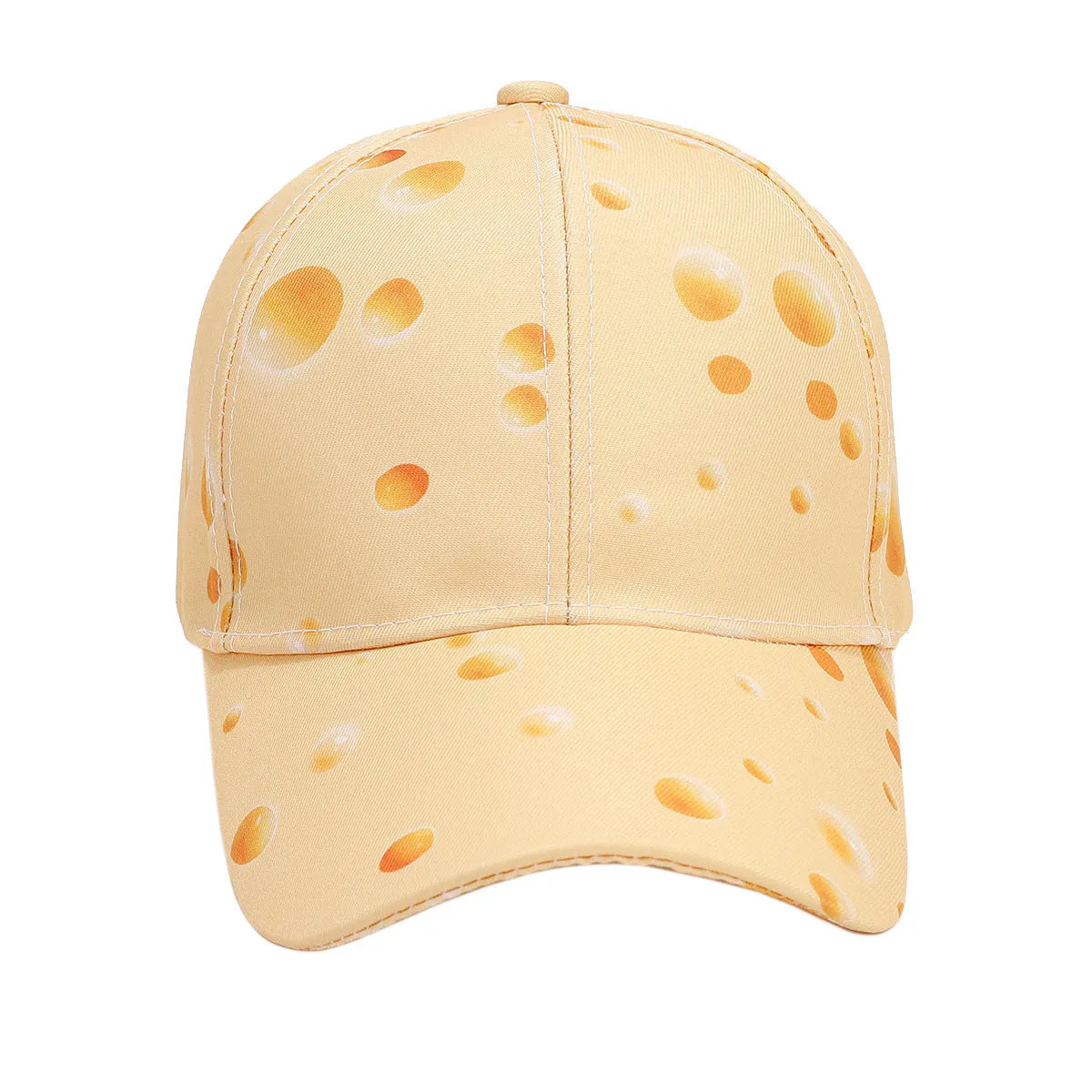 Full printed cheese pattern polyester peaked cap with adjustable size and dome crown