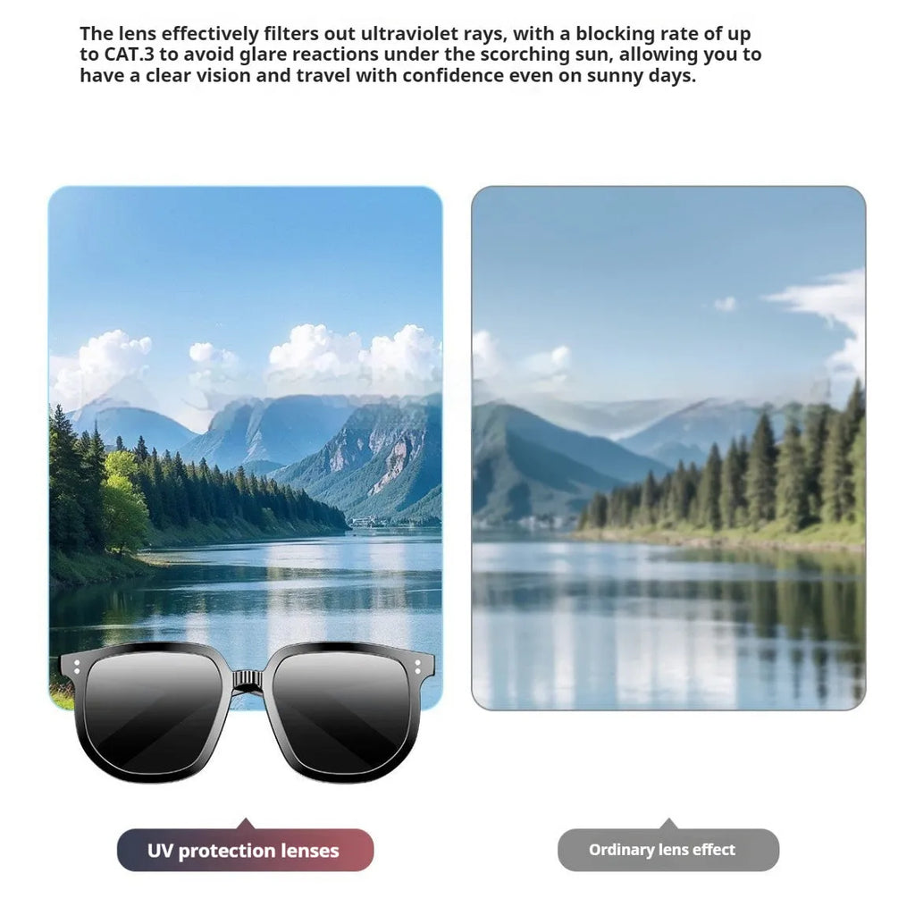 Black Bluetooth smart glasses with UV protection lenses and touch control for audio functions