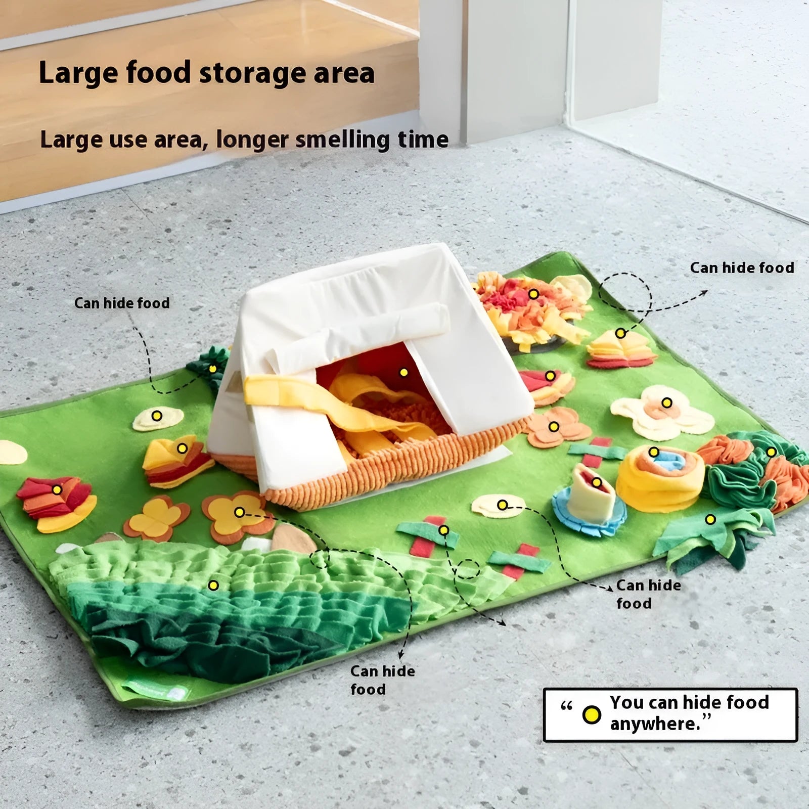 Themed dog sniffing mat with plastic fabric construction for hiding food treats