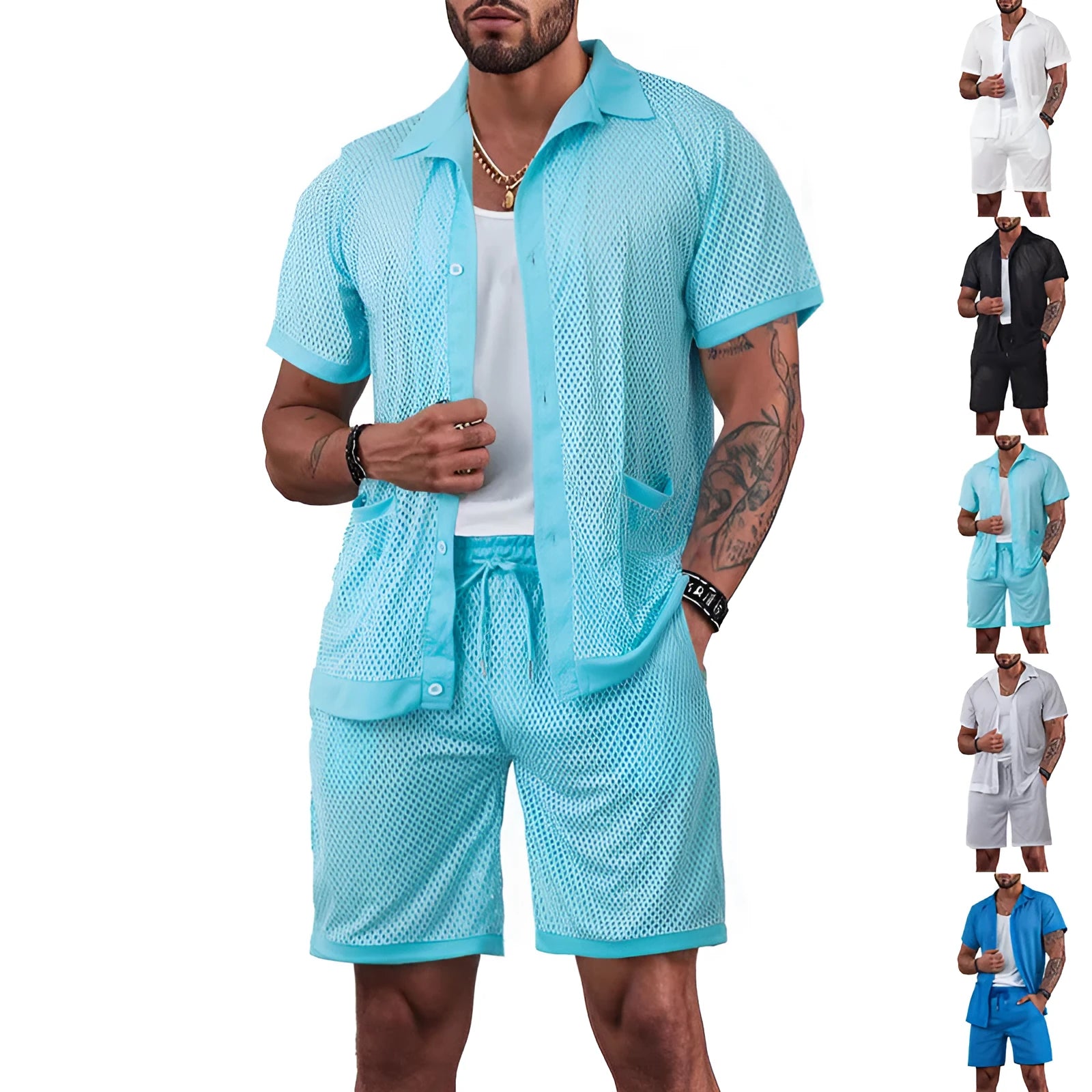 See-through short sleeve cardigan and shorts set for women in lake blue, shown on a hanger