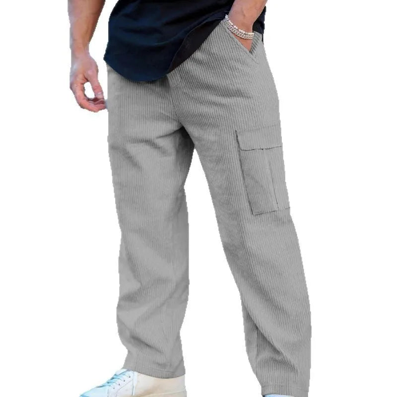 Men's straight-leg corduroy cargo trousers with wide-leg design and drawstring waist