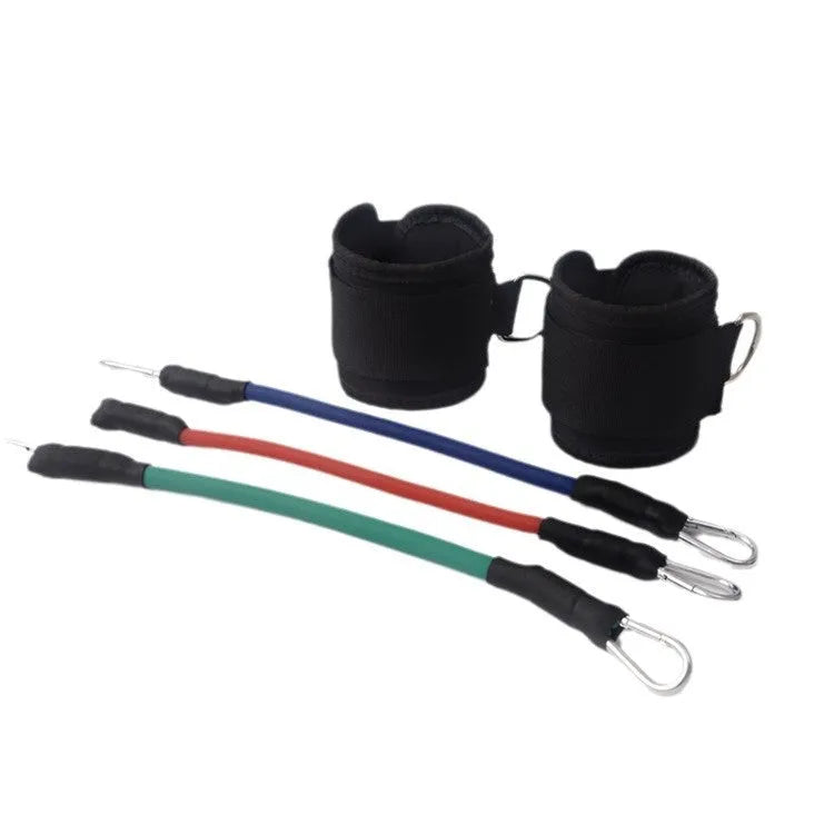Black taekwondo training pull rope set with elastic cord and metal hooks for leg power development