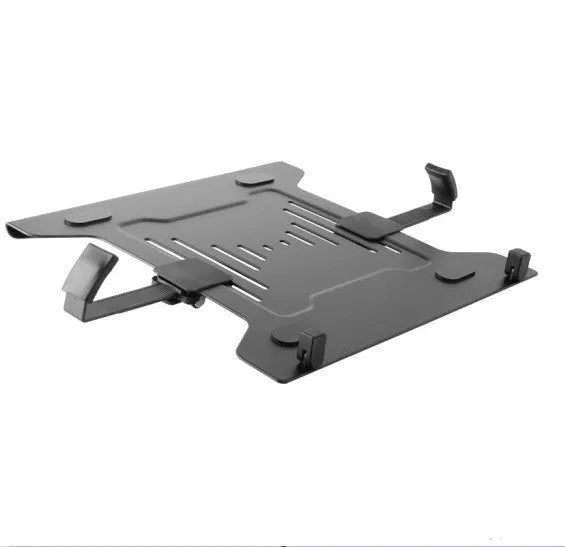 Notebook stand tray with open base for heat dissipation, supports laptops up to 17.3 inches, in a black plastic and metal finish