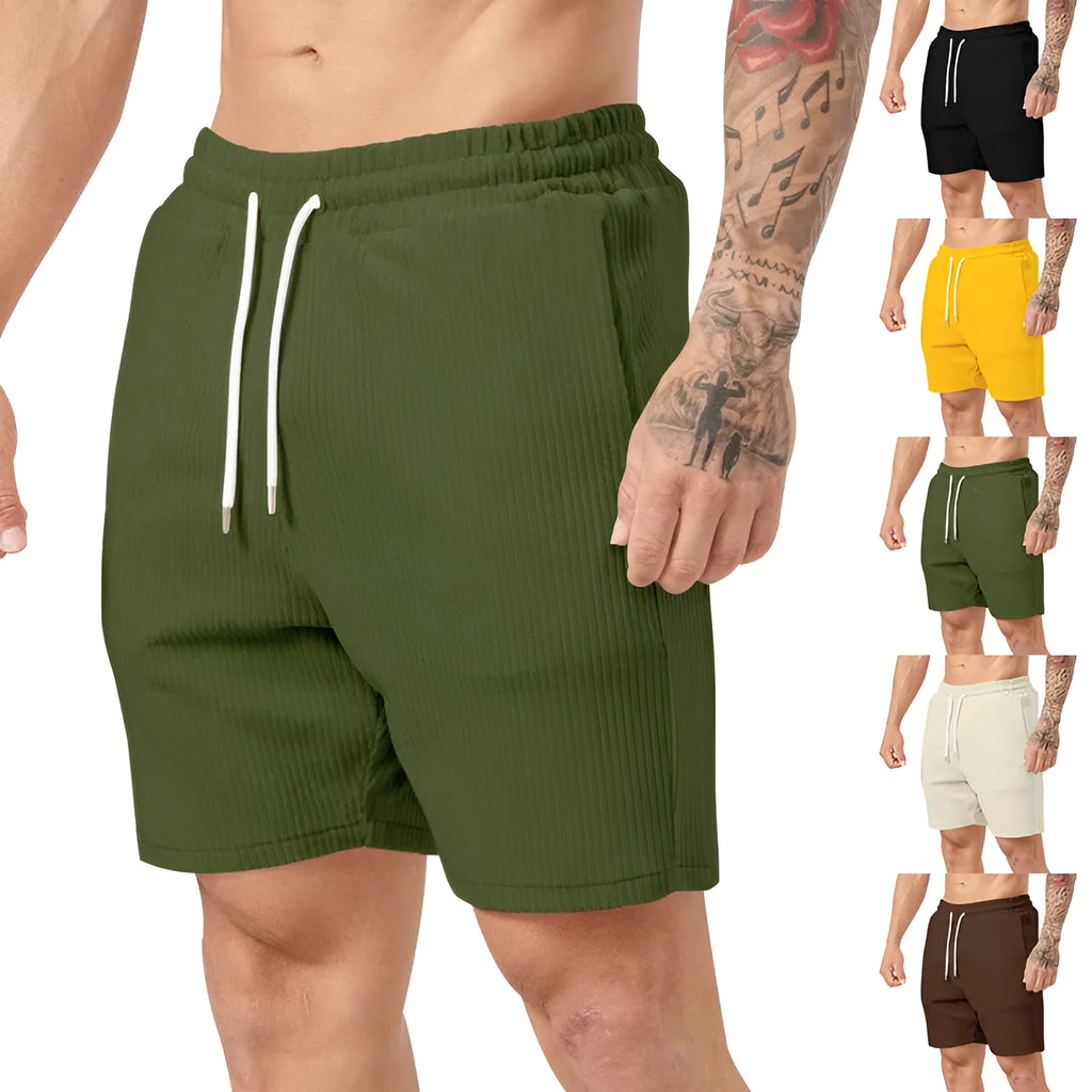 Men's casual straight-leg fifth-length shorts in chemical fibre blend, shown in five colour options: black, yellow, army green, apricot, brown