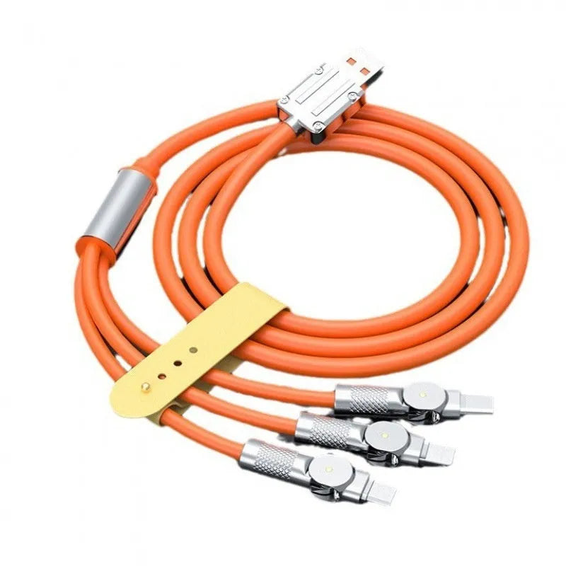 Zinc alloy rotating three-in-one data cable with light for Mini USB Lightning and TYPE-C, orange red colour