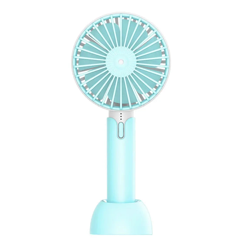 Blue handheld mini desktop USB fan with shaking head showing three-speed controls