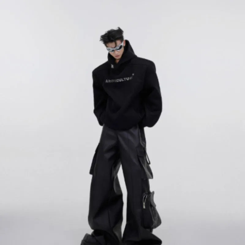 Men's loose hooded sweater with heavy shoulder pads and metal printing details in red colour