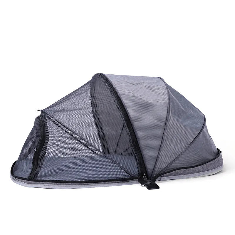 Foldable cat tent with half-mesh panels in black and blue colour options
