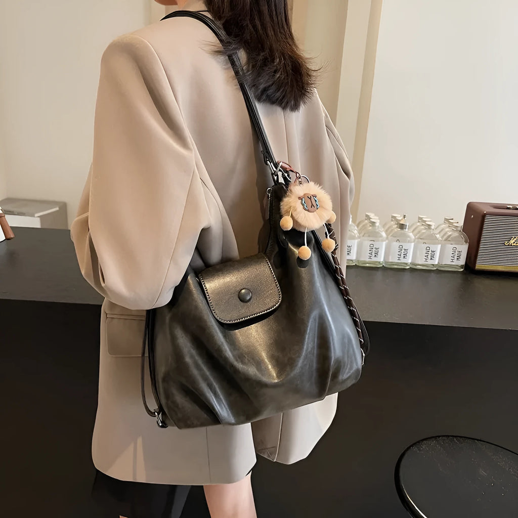 PU leather women's shoulder bag in urban simplicity style with mobile phone pocket internal organisation