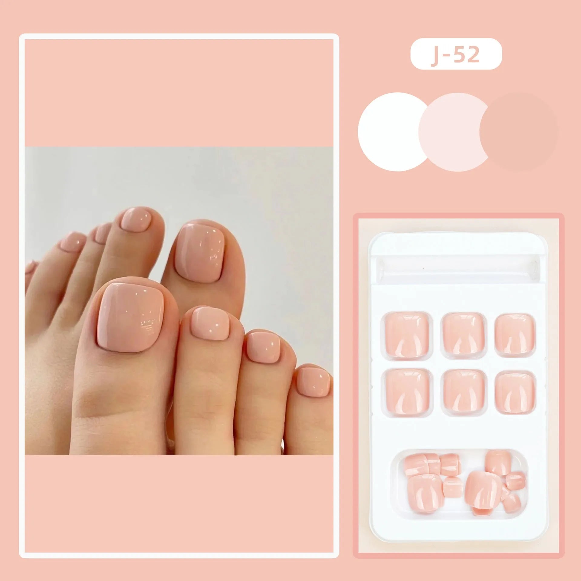 J-52 skin colour plastic false toenail stickers and glue set for cosmetic application.