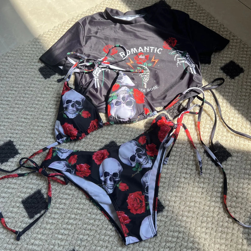 Women sexy skull rose printed three-piece swimsuit set in red, polyester spandex fabric, side view