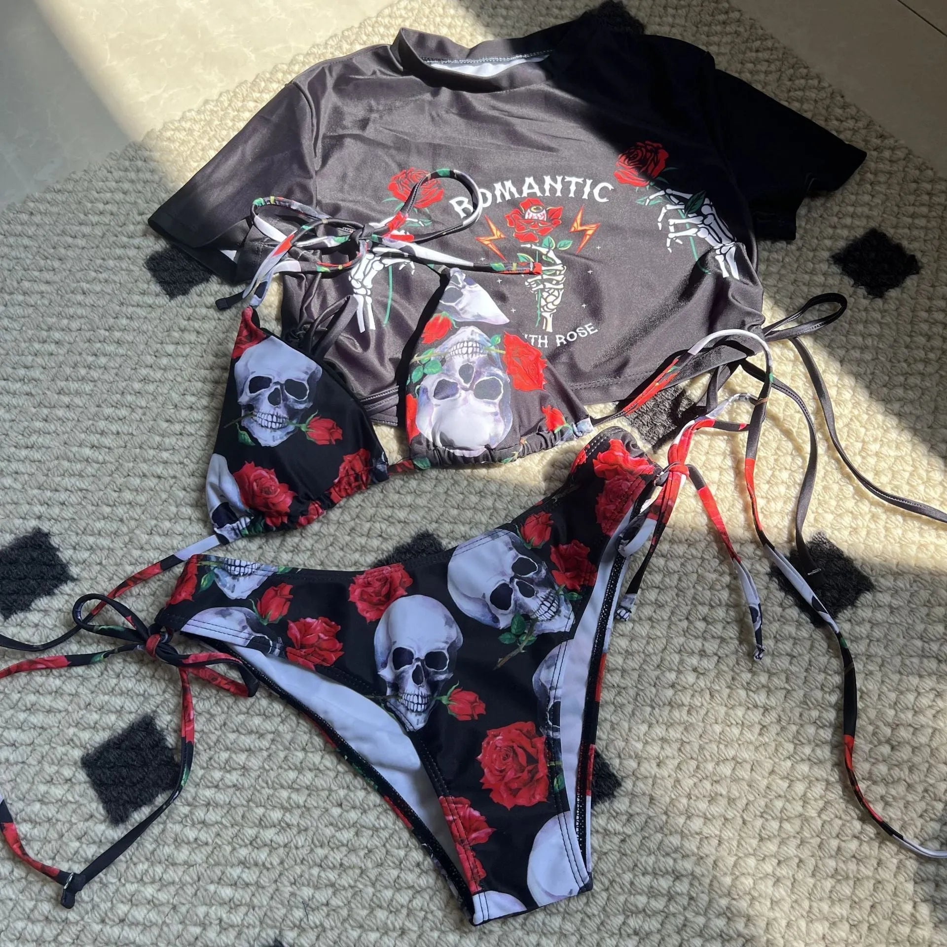 Women sexy skull rose printed three-piece swimsuit set in red, polyester spandex fabric, side view