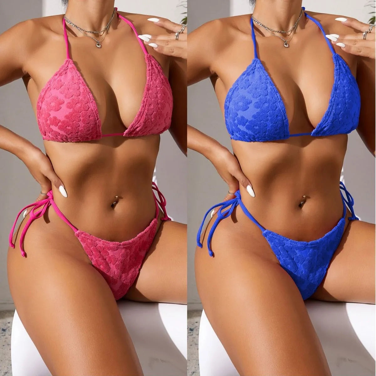 Women's bikini set with triangle lace-up top and skirt bottom, rose red colour, polyester fabric