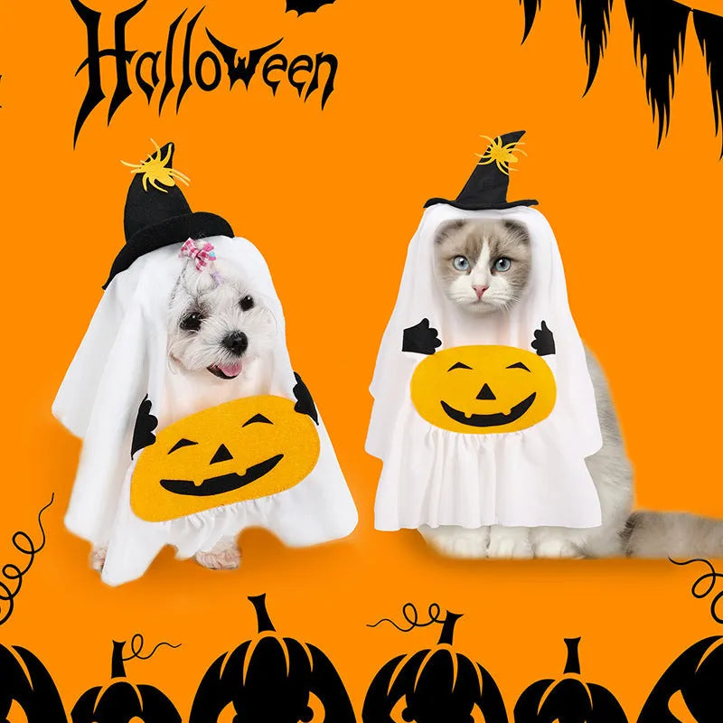 White viscose fibre dog suit with pumpkin ghost Halloween print on a pet model