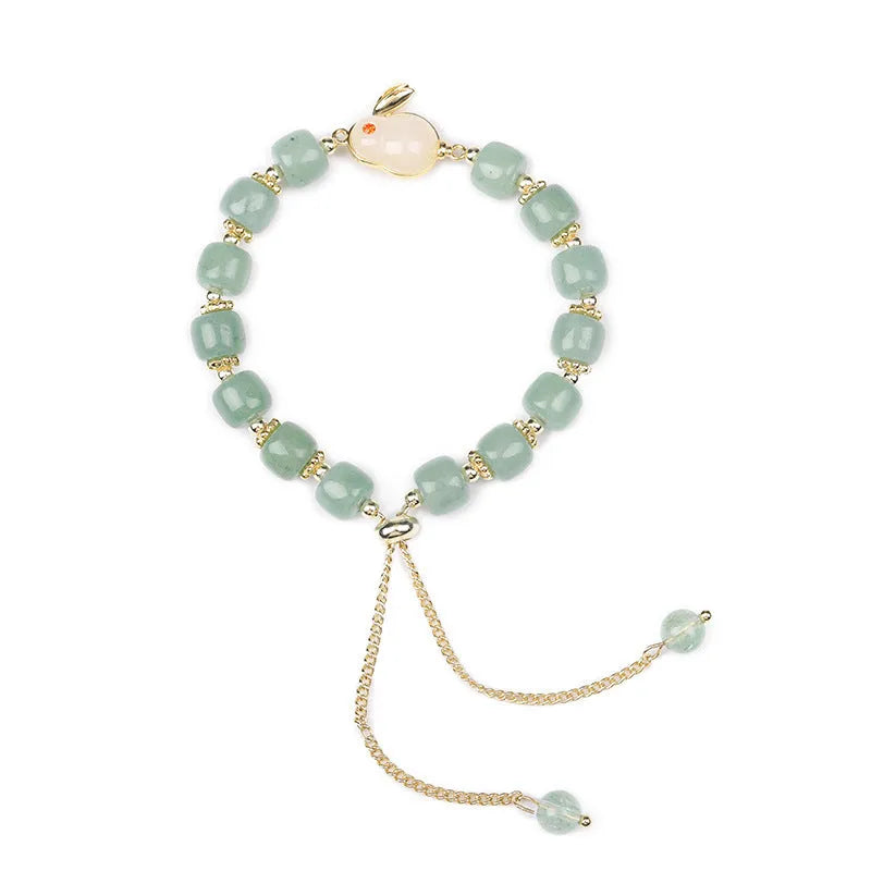 Personality New Temperament Rabbit Bracelet in green aventurine or strawberry quartz natural stone with gold-plated copper accents