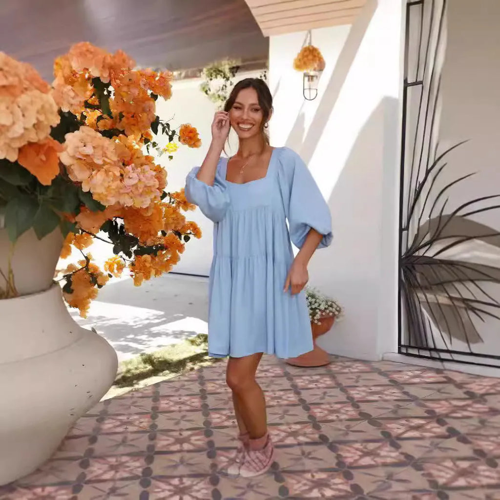 Children's square collar puff sleeve backless pullover dress in orange or light blue with A-line skirt