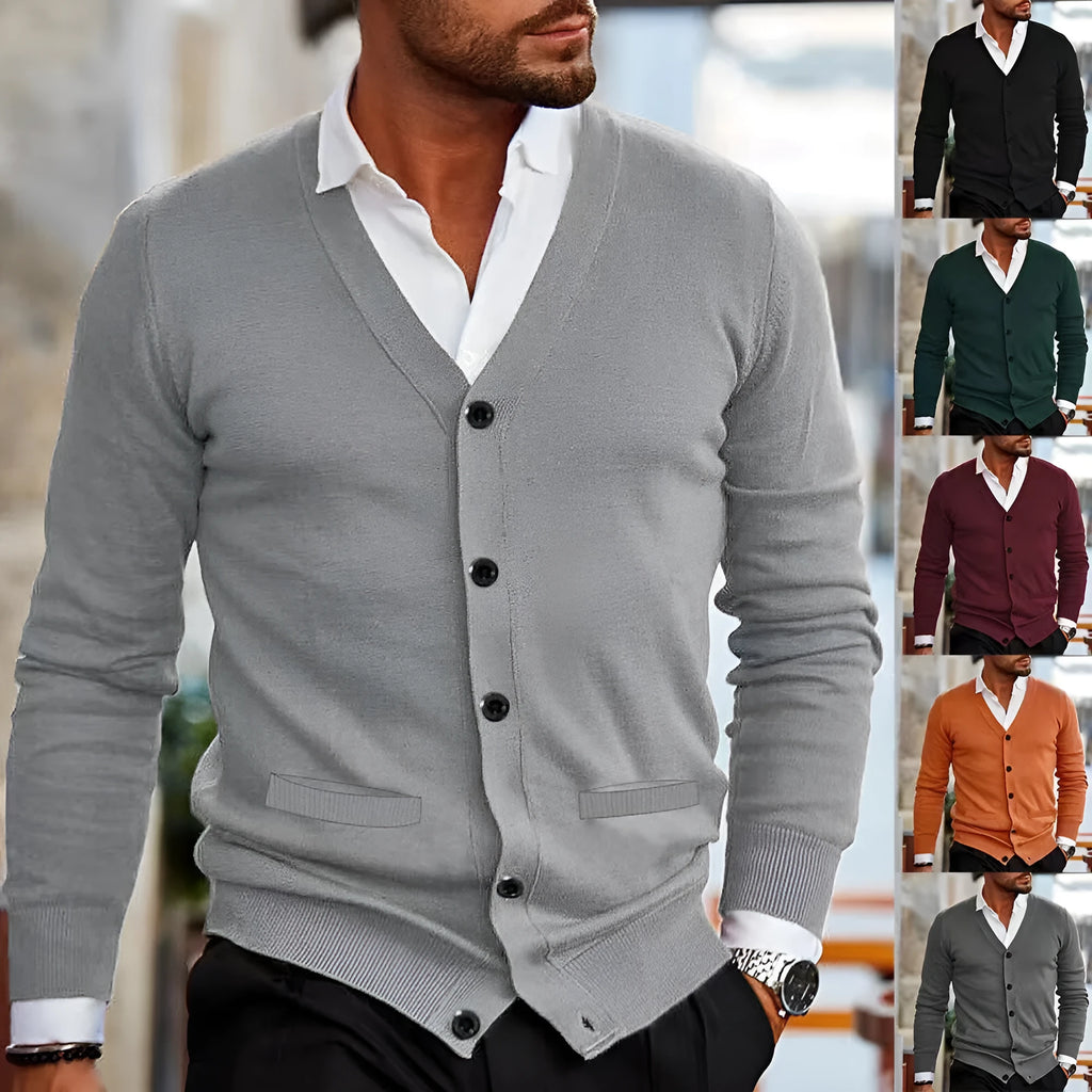 Men's slim fit acrylic cardigan in a dark grey colour, showing long sleeves and button front.