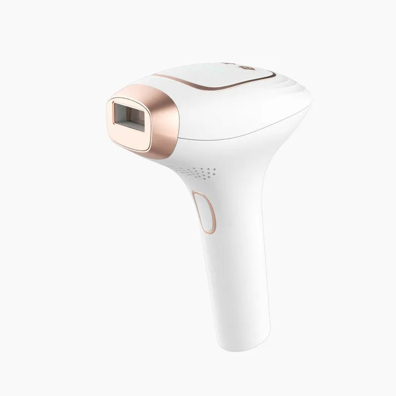 Pink and white three-in-one ice-sensing laser hair removal device with shaver and protective glasses