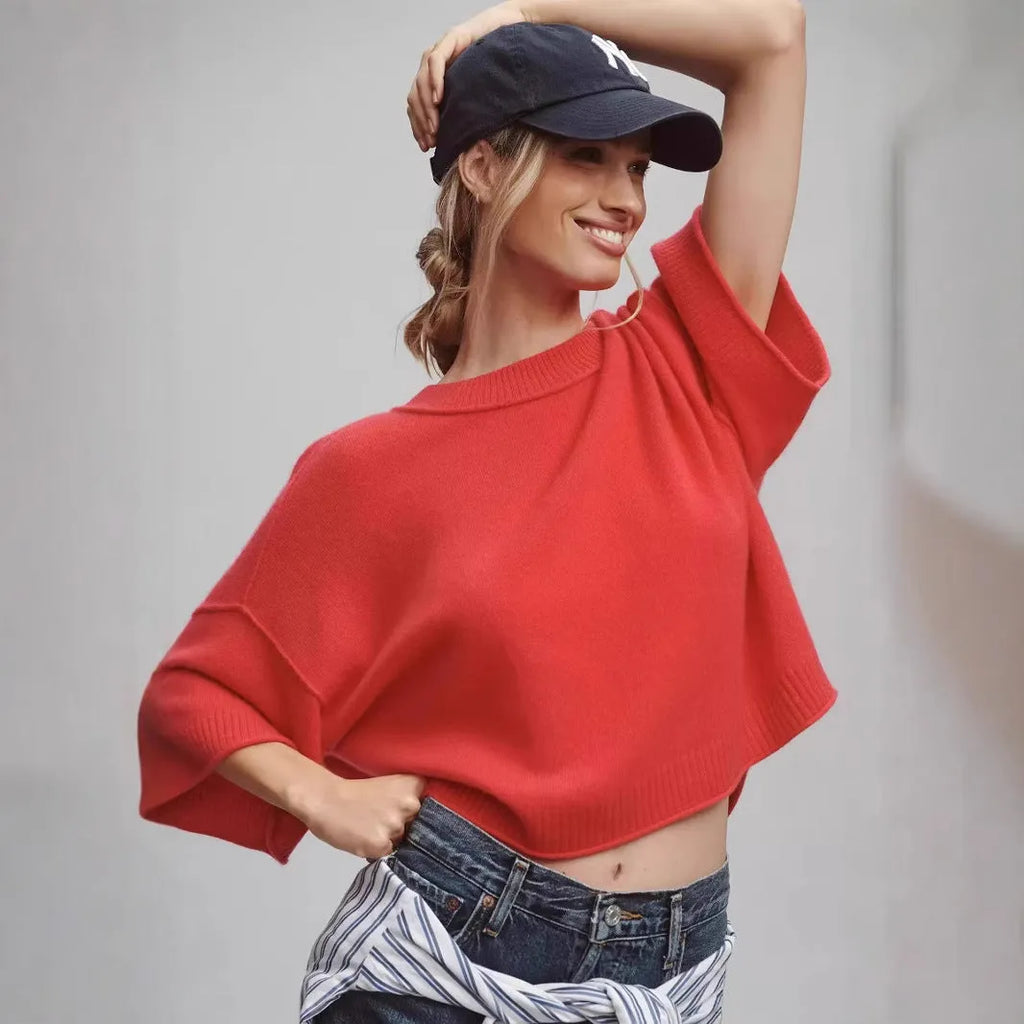Women's red crop t-shirt in viscose fabric with regular sleeves and exposed navel styling