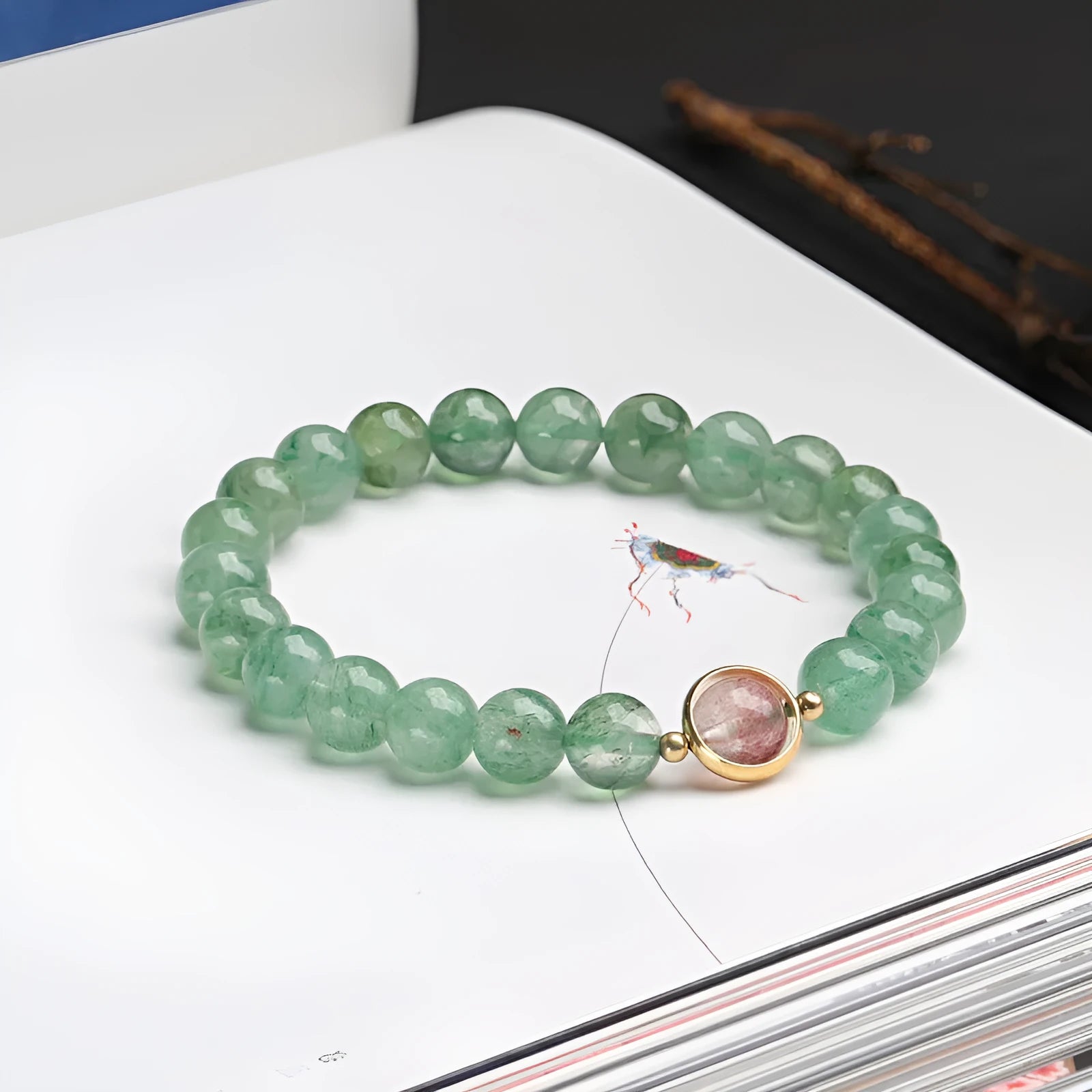 Natural green strawberry quartz single circle ball bracelet hand-woven 7.5mm beads Chinese style for women