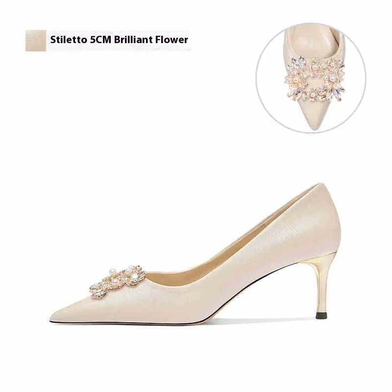Pointed toe crystal bridal high heels with rhinestones on a cloth upper, showing stiletto and cat heel style options.