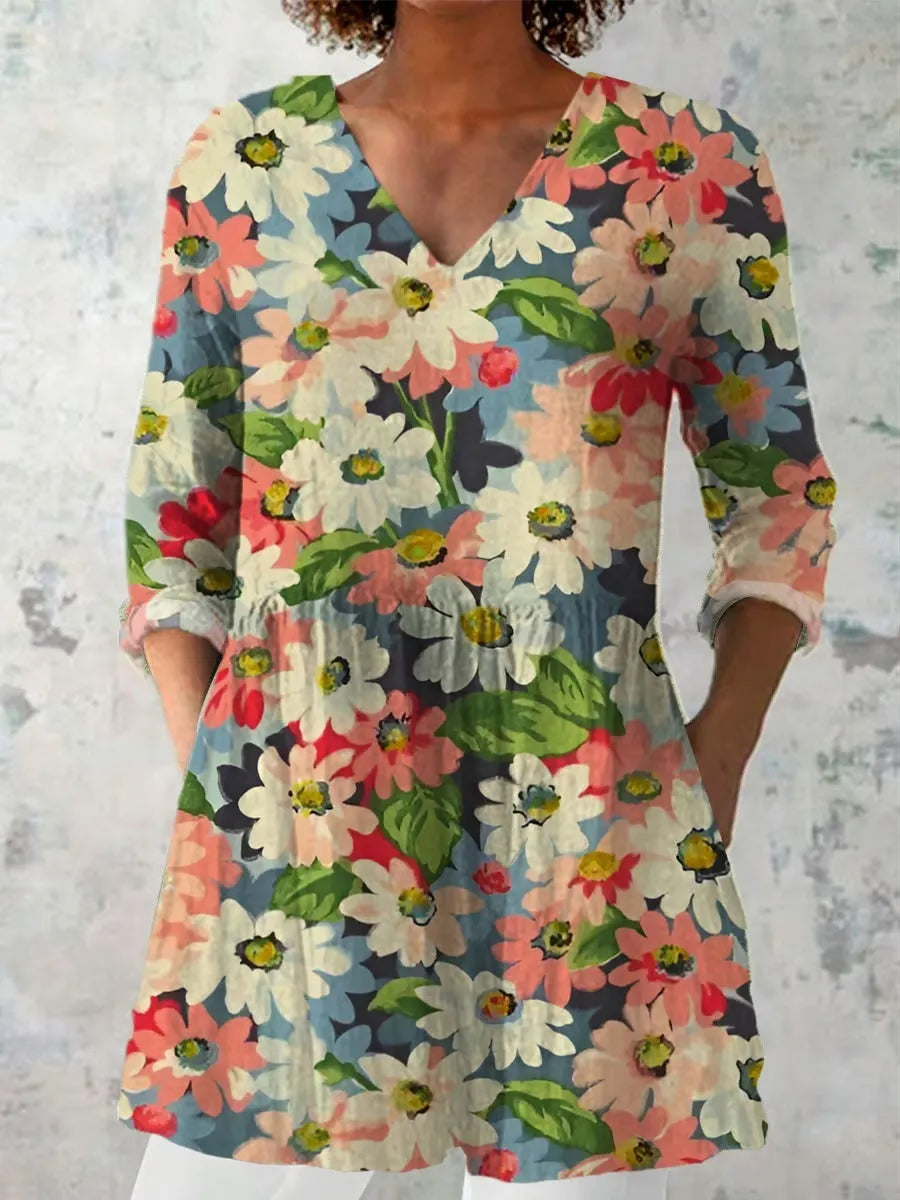 Women's retro printed long sleeve top in slim fit, shown in a colour option with digital print design.