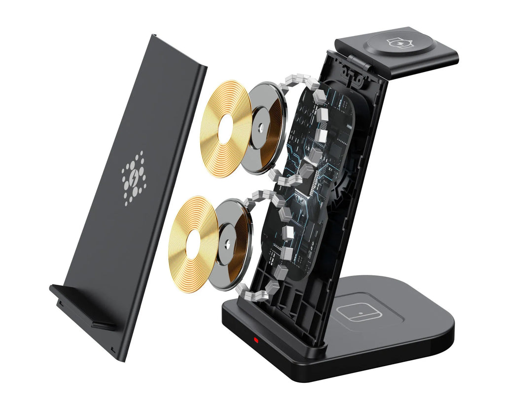 Three-in-one wireless charger for Samsung phone and watch in black with removable charging board and foldable watch stand on a table
