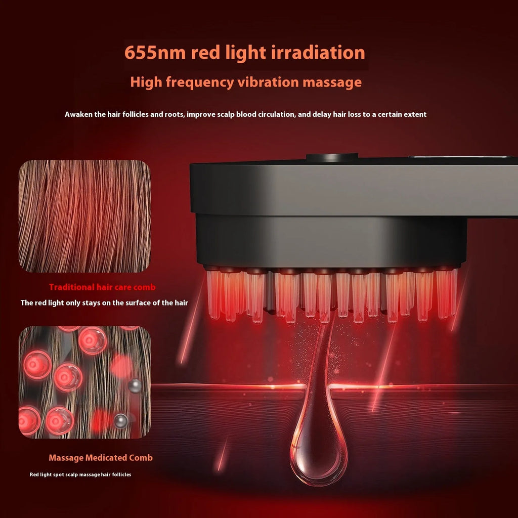 Pink and black smart massage comb for scalp care with red light therapy, measuring under 10cm.
