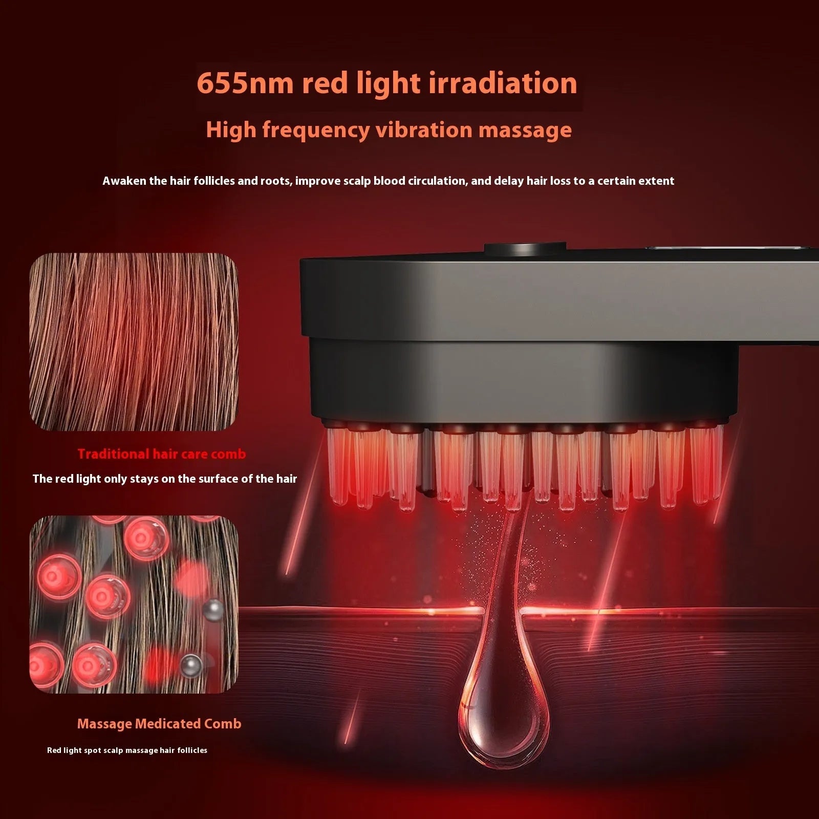Pink and black smart massage comb for scalp care with red light therapy, measuring under 10cm.