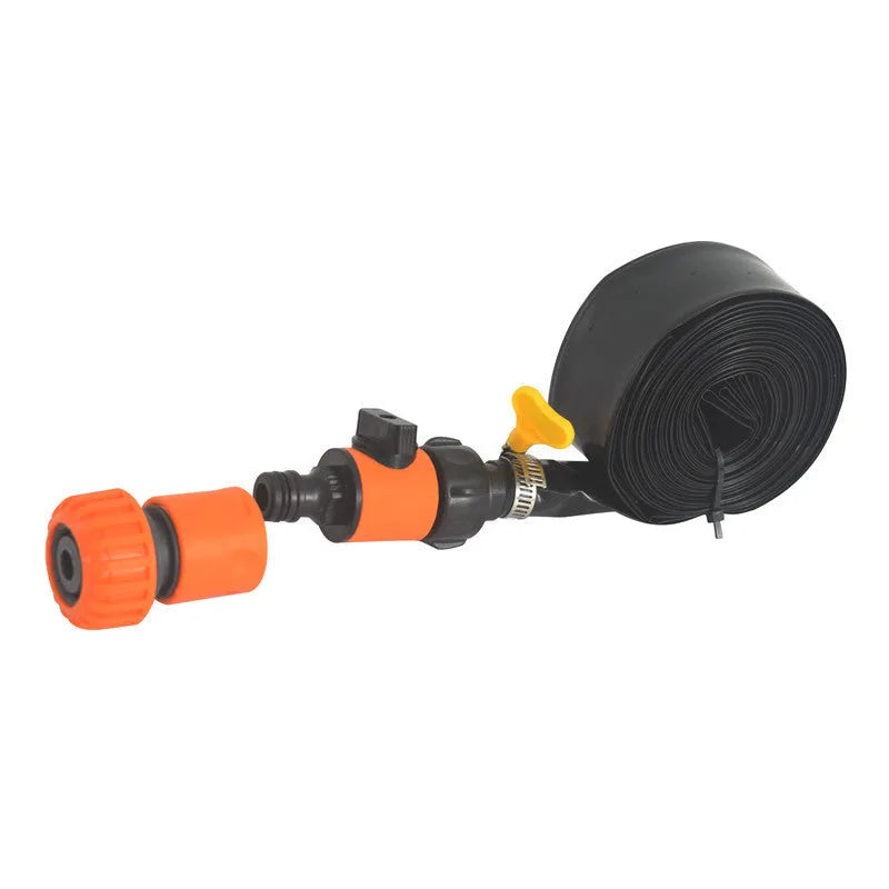 Blue and orange portable plastic garden sprinkler with solar water cooling panel and PVC switch.
