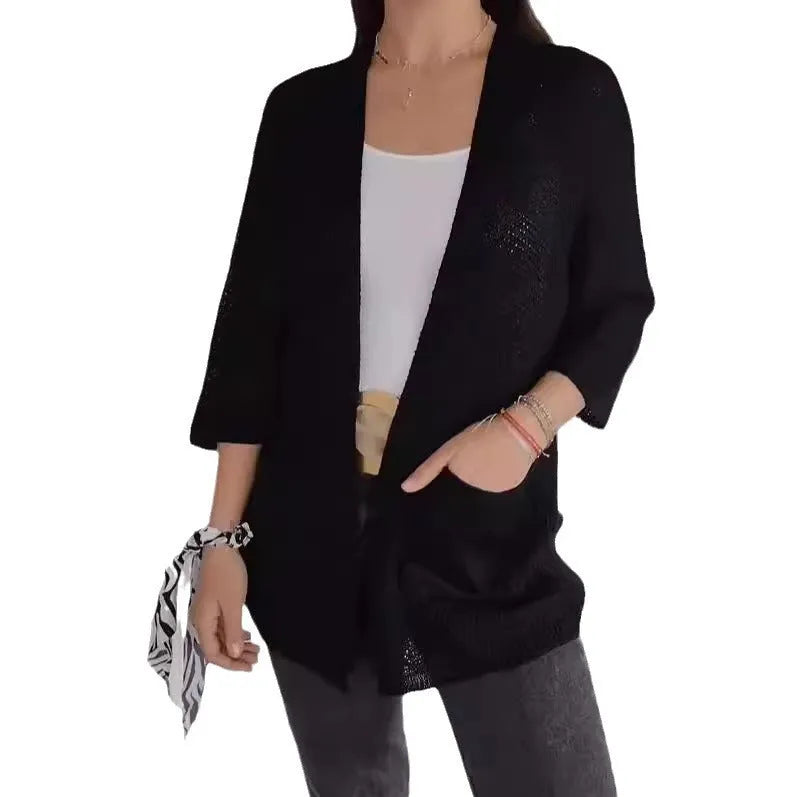 Women's waffle texture cardigan coat in army green with nine-quarter length sleeves and pockets