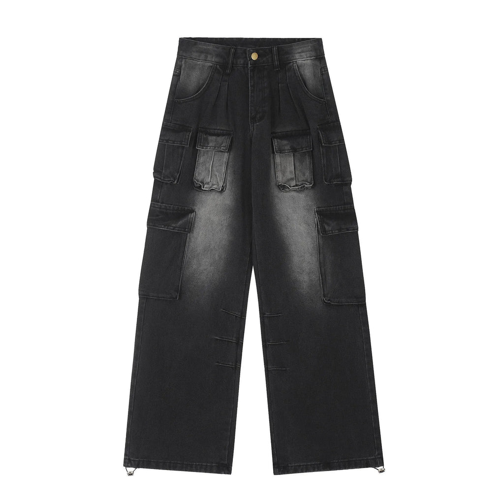 Loose-fit straight-leg jeans with multiple pockets in distressed light blue denim
