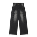 Loose-fit straight-leg jeans with multiple pockets in distressed light blue denim