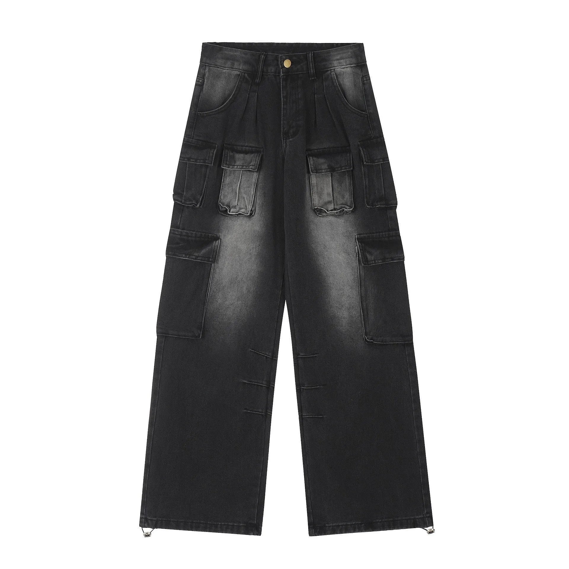 Loose-fit straight-leg jeans with multiple pockets in distressed light blue denim